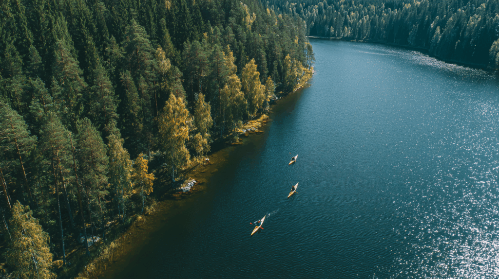 Trois kayakistes sur un lac calme illustrant la progression en équipe et la distance parcourue