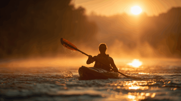 Kayakiste avançant sur une rivière au lever du soleil, illustrant la distance quotidienne en kayak