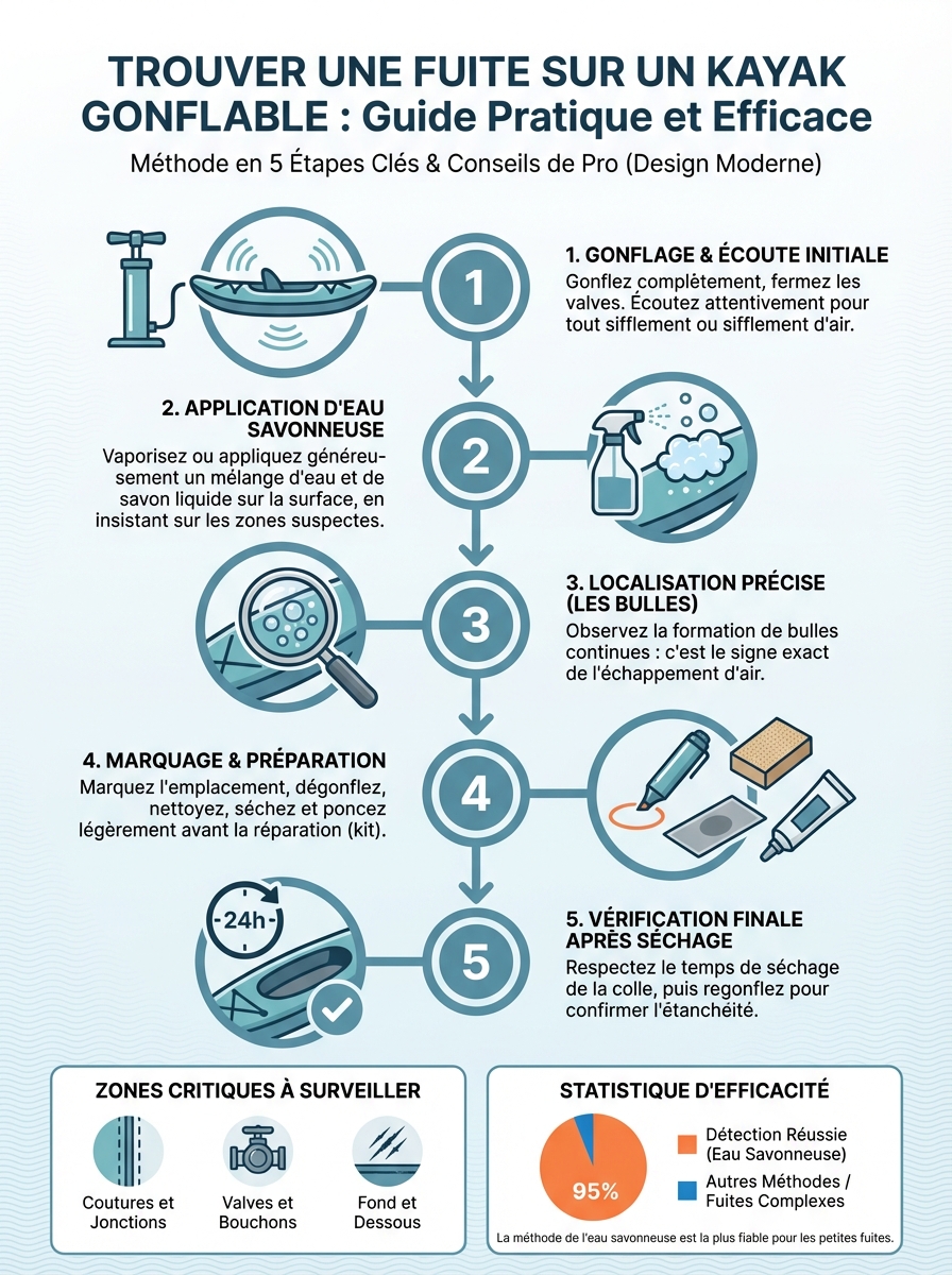 Infographie trouver fuite kayak gonflable